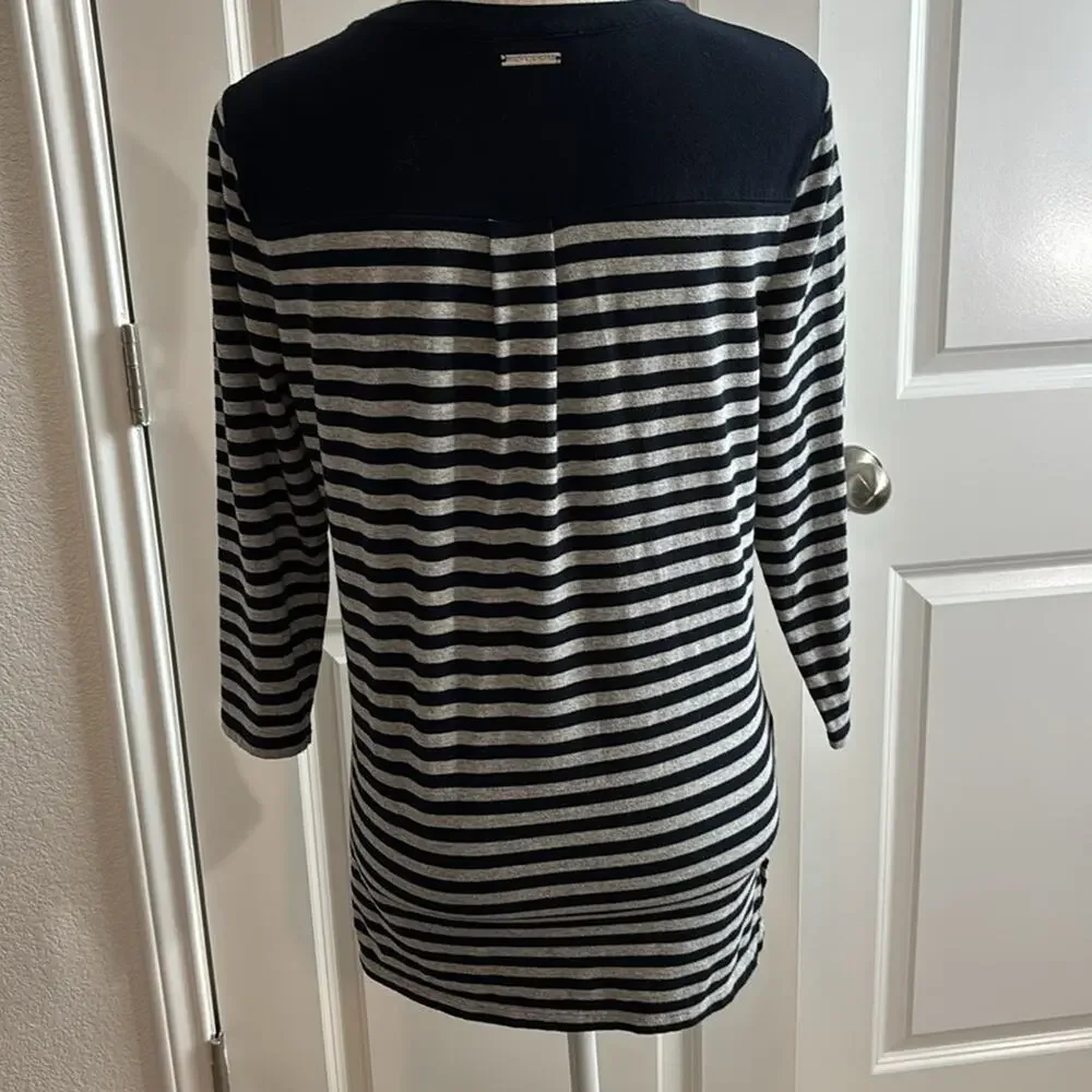 Michael Kors Women's Navy Grey Striped V-Neck Tunic Length Shirt MEDIUM Casual